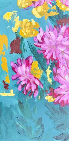 an oil painting of pink and yellow flowers on blue background with water lilies in the foreground