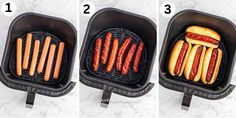 three pictures showing how to cook hot dogs in an air fryer