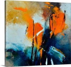 an abstract painting with orange and blue colors