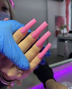 IG: @thekashway Medium Tapered Square Acrylic Nails Pink, Plain Hot Pink Acrylic Nails, Hot Pink Nails Acrylic Long, Plain Set Acrylic Nails, Solid Color Acrylic Nails, Plain Acrylic Nails, Plain Nails, Spring Acrylic Nails