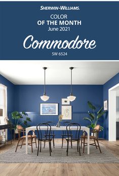 a blue dining room with the words shelving williams color of the month