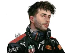 a drawing of a man with headphones on his ears and wearing a racing suit