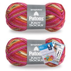 two skeins of yarn are shown in pink, orange and yellow colors with the words patons kroy socks on them