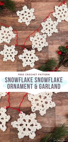 crochet snowflake ornament and garland with text overlay