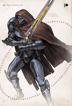 Image of a menacing robot with blue metallic parts and a brown cloak. It is menacingly wielding a double-handed sword with yellow technologic glyphs Rpg Map, Fiction Idea, Isometric Art, Dragon Ball Super Manga