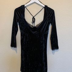 Free People Nwt Black Velvet Dress Lace Details On Neckline And Side Lace Cutouts V-Back With Tie At Neckline Size Xs Nonsmoking Household Lace Trim V-neck Mini Dress, Fitted Gothic Velvet Dress, Black Gothic Backless Mini Dress, Bodycon V-neck Mini Dress With Lace Trim, Velvet Black Dress, Gothic Lace Mini Dress With Lace Trim, Black Gothic Mini Dress With Lace Trim, Black Velvet Gothic Mini Dress, Goth Princess