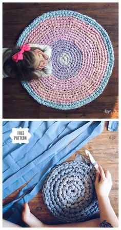 two pictures showing how to make a crocheted rug