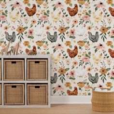 a wallpaper with chickens and flowers in the corner next to baskets on the floor