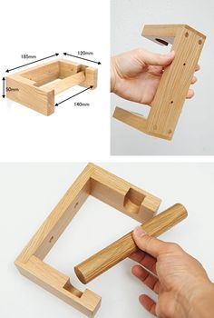 a person holding a wooden object in their hand with measurements and instructions on how to make it