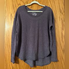 Rounder High Low Hem. Purple Color. Soft. Loose Thread At Sleeve. Purple Cotton Top For Layering, Purple Crew Neck Top For Layering, White Tee Shirts, Thermal Shirt, Henley Top, Long Sleeve Tee Shirts, Long Sleeve Knit Tops, Off Shoulder Tops, Henley Shirts