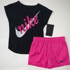 New With Tags 2 Piece Girls Shorts And Top Set By Nike. Nike Is In Pink Sparkles. Size 6x Playful Pink Workout Bottoms, Pink Short Playwear Set, Pink Workout Set For Spring, Pink Workout Sets For Spring, Pink Spring Workout Sets, Nike Black Summer Sets, Nike Pink Playwear Sets, Casual Pink Sports Sets, Girls Nike Outfits