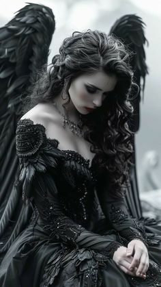 a woman in black dress with wings on her chest