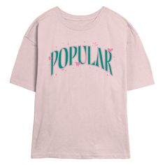 Join Elphaba and Glinda as they forge an unlikely but profound friendship with exciting new officially licensed apparel for the entire family from the highly anticipated new film Wicked! This Juniors' Wicked Popular Pink Icons Graphic Skimmer T-Shirt features the emblematic word "Popular" in vibrant green and pink lettering, surrounded by a galaxy of stars, fluttering butterflies, and a sprinkle of extra flair right on the chest. Watch along in style as the duo encounters the Wizard, and their f Pop Culture Fan Merchandise Tops With Text Print, Pop Culture Tops With Text Print For Fans, Pink Pop Culture Fan Merchandise Tops, Pop Culture Tops With Logo Print For Fan Conventions, Fandom Tops With Text Print For Fan Merchandise, Fandom Crew Neck Top With Logo Print, Cotton Fandom Tops With Text Print, Cotton Fandom Top With Text Print, Wicked Merchandise