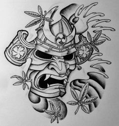 a drawing of a mask with leaves and flowers on it's face, in black ink