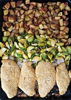 chicken, potatoes and brussel sprouts in a casserole dish