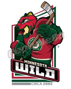 the minnesota wild mascot holding a hockey stick