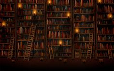 there are many bookshelves with lights in the room and ladders to reach them