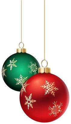 two red and green christmas ornaments hanging from gold strings on a white background photo - realistic