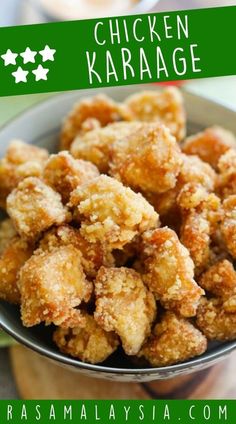 chicken karaage in a silver bowl with green and white stars on the side for sale