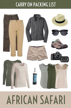 an african safari packing list with clothing and accessories