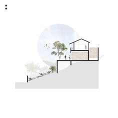 an image of a house on the top of a hill with trees and people in it