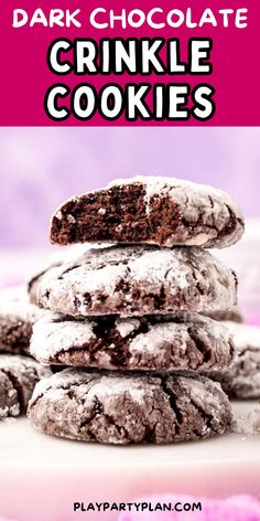 chocolate crinkle cookies stacked on top of each other with text overlay that reads, dark chocolate crinkle cookies