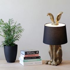 a lamp sitting on top of a wooden table next to a potted plant and books