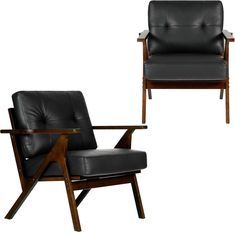 two black leather chairs sitting next to each other on top of a white background,