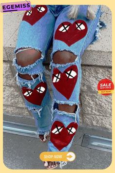 Red Fashion Casual Print Ripped Mid Waist Denim Jeans Casual Distressed Red Bottoms, Casual Red Distressed Bottoms, Trendy Red Distressed Bottoms, Red Denim Jeans For Spring, Red Denim Jeans For Summer, Casual Red Denim Jeans, Red Jeans For Spring, Custom Jeans Diy, Painting Clothes