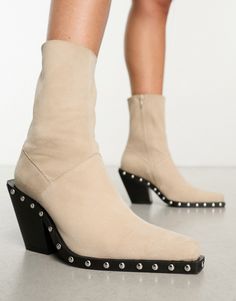 Shoes by ASOS DESIGN Time for a reboot Stud embellishments Side zip closure Pointed toe Mid block heel Mid Heel Boots, Flat Booties, Flip Flop Boots, Leather Western Boots, Shoes Boots Ankle, Suede Fashion, Studded Boots, Leather Flats, Leggings Shop