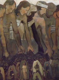 a painting of several people standing in front of each other with their hands on the ground