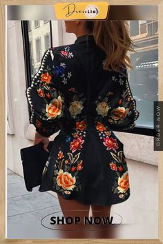 Floral Print Tight Waist Shirt Dress P11947 Tight Black Shirt, Blouse Necklines, Lantern Sleeve Top, Lantern Sleeved Blouses, Dress Shirt Sleeves, Long Sleeve Print Dress, Trend Fashion, Floral Tank, Casual Black