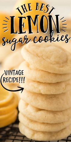 a stack of lemon sugar cookies sitting on top of a cooling rack