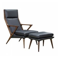 the chair and ottoman are both made from black leather with wooden legs, which is also available