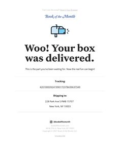 an advertisement for a book with the words woo your box was delivered