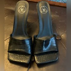 Missguided Black Croc Square Toe Heels, Strapless, Flip Flop Size 9 Never Worn, Great Condition Black Fitted High Heel Mules, Fitted Black Mules With 4-inch Heel, Trendy Black Mules With 4-inch Heel, Heel Mules, Square Toe Heels, Mid Heel, Flip Flop, Shoes Women Heels, Flip Flops