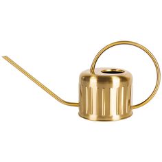 a gold watering can with a long handle on the side and a metal tube attached to it