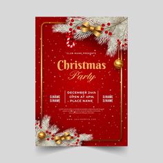 christmas party flyer with fir tree branches and gold ornaments on red background, eps format