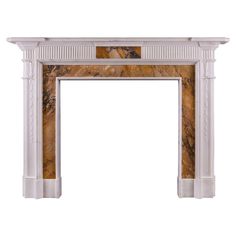 an antique fireplace with marble surrounds and white paint on the mantel, isolated against a white background