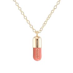 Adjustable length of 16-18 inches.  Our Chill Pill Necklace brings an instant calm when you just want to tell the person standing in front of you to chill out on their cell phone. These beauties are made to give a lifetime of CHILL. Charm measures 0. 2 x 0. 7 inches. Available in certified 18K gold vermeil (> 2. 5 microns of gold) or 925 sterling silver with a Gold-filled or sterling silver chain. Additional electrocoating to protect your jewels. The environmental advantages of electrocoating in Nitro Pill Necklace, Chill Pill, Enamel Necklaces, Cute Necklace, Pink Sky, Recycled Sterling Silver, Watch Necklace, Sterling Silver Charm, Necklace Gold