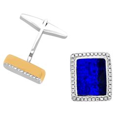 "The Godfather" opal cufflinks present gorgeous vivid blue boulder opals (13.16ct) sourced from Winton, Australia, set in 18K yellow gold and 14K white gold. Opals are the stones for modern men and these gems are set in heavy rhodium plate with a high polish and a surround of diamonds. They make the perfect gift for your man, showing him how much he means to you and they also look ideal when worn with a matching opal ring. Cufflinks are new. PARTICULARS: Size & Stone Measurements: Opal weight: 1 Modern Formal Opal Jewelry, Modern Men, Orange Boxes, The Godfather, Boulder Opal, Opal Rings, Modern Man, Bouldering, Rhodium Plated