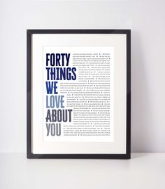 a framed book page with the words forty things we love about you printed on it