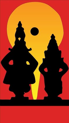 the silhouettes of two people standing in front of an orange and yellow sun with red background