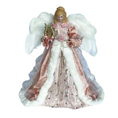 an angel figurine with white wings and pink dress