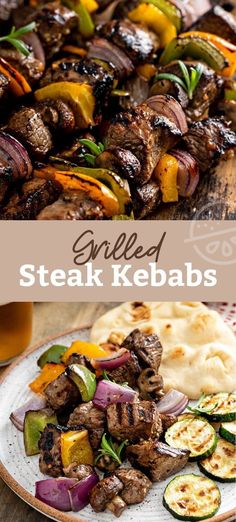 grilled steak kebabs with vegetables and pita bread