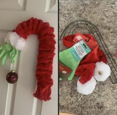 two pictures one with a christmas wreath and the other with a stuffed animal