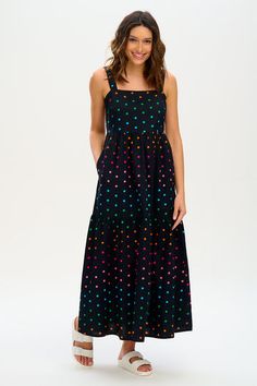 Sundress Style, Skirt Print, Summer Cut, Rainbow Polka Dots, Cotton Jersey Dress, Maxi Sundress, Black Rainbow, Easy Breezy, Tier Skirt