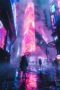 two people standing on a city street at night with neon lights and buildings in the background