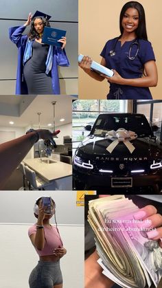 a collage of photos with various women and cars in the background, including a woman holding