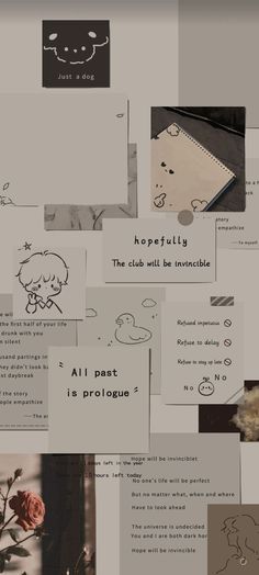 a collage of different types of paper with pictures and words on it, including flowers